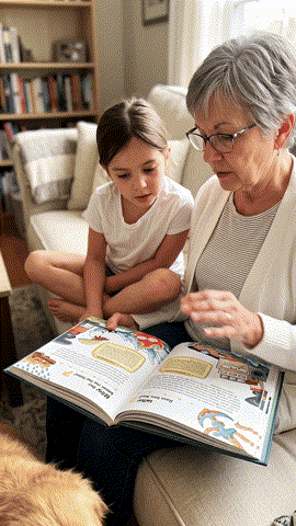 Grandparent and grandchild reading together