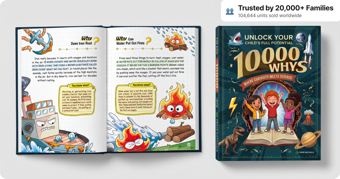 A glimpse of the 10,000 Whys encyclopedia, closed cover next to an open spread